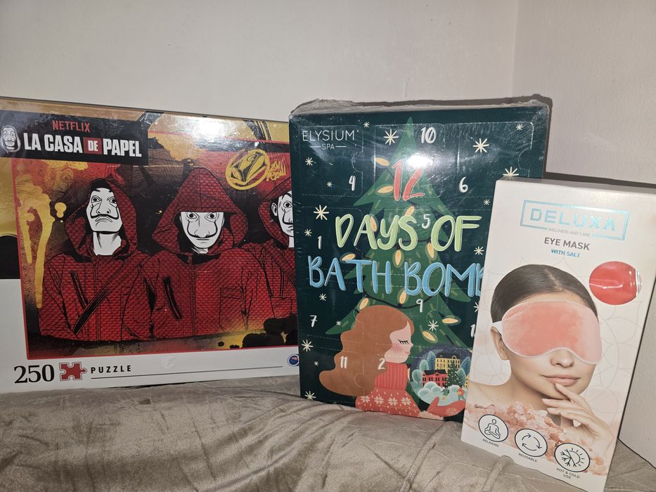 Коледен подарък - 12бр бомбички за вана, маска за очи, пъзел