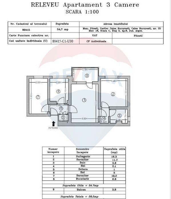 Vânzare apartament 3 camere– Etaj 2, 58,5 mp, Calea București, Pitești