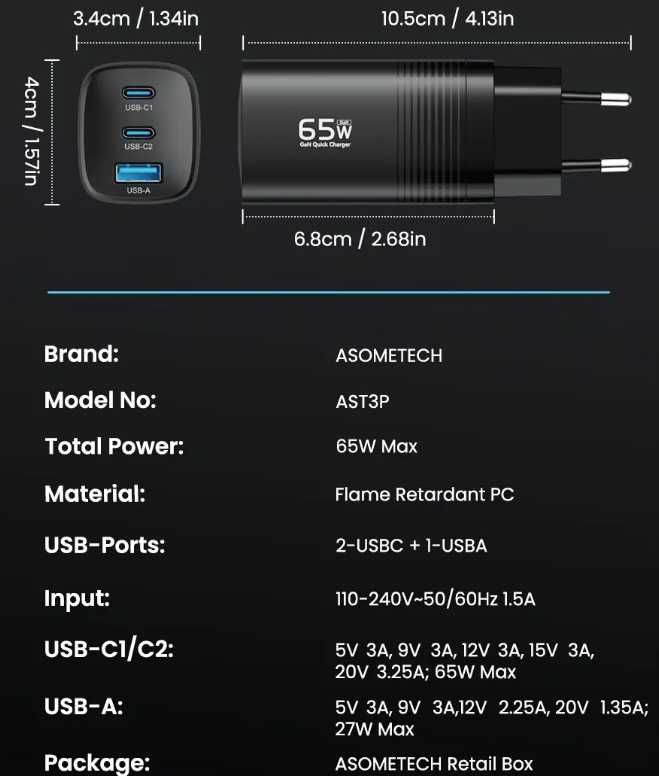 ASOMETECH GaN USB Type C зарядно 65W PD, 45W PPS QC4.0.