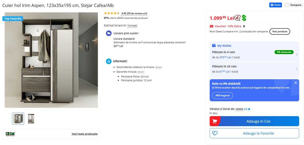 Cuier hol Irim Aspen, Stejar Cafea/Alb (Ofer transport pe Iasi)