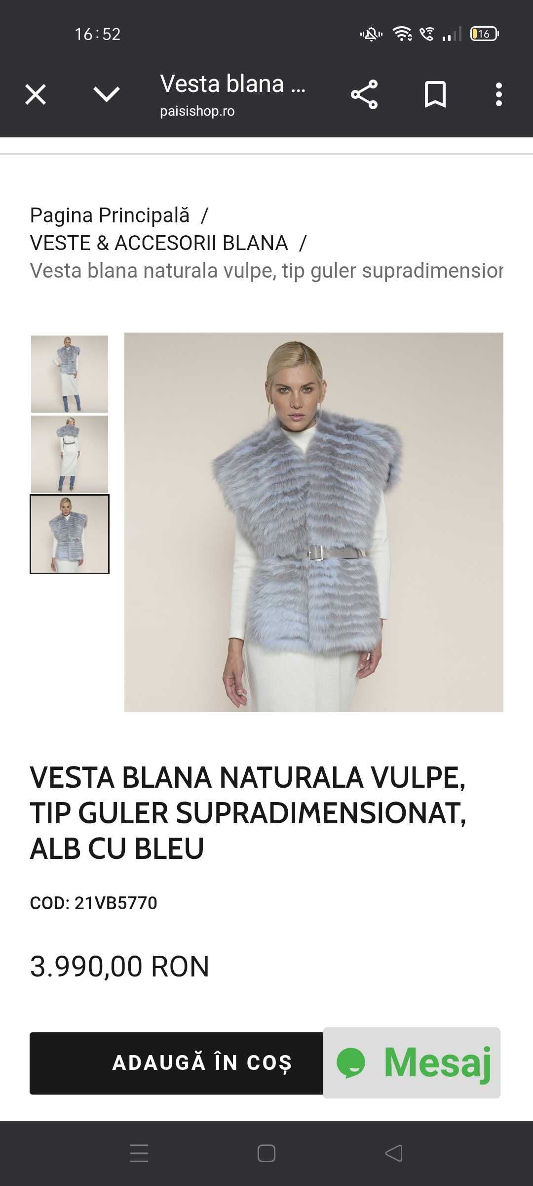 Vesta de blana naturala vulpe tip guler supradimensionat gri cu roz
