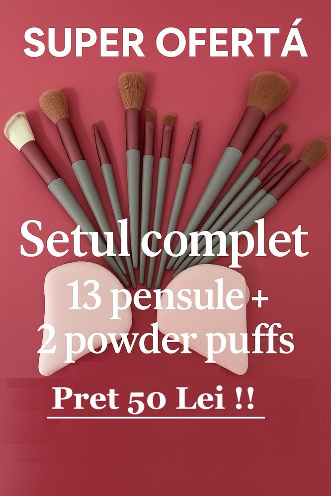 Setul complet 13 pensule + 2 powder puffs