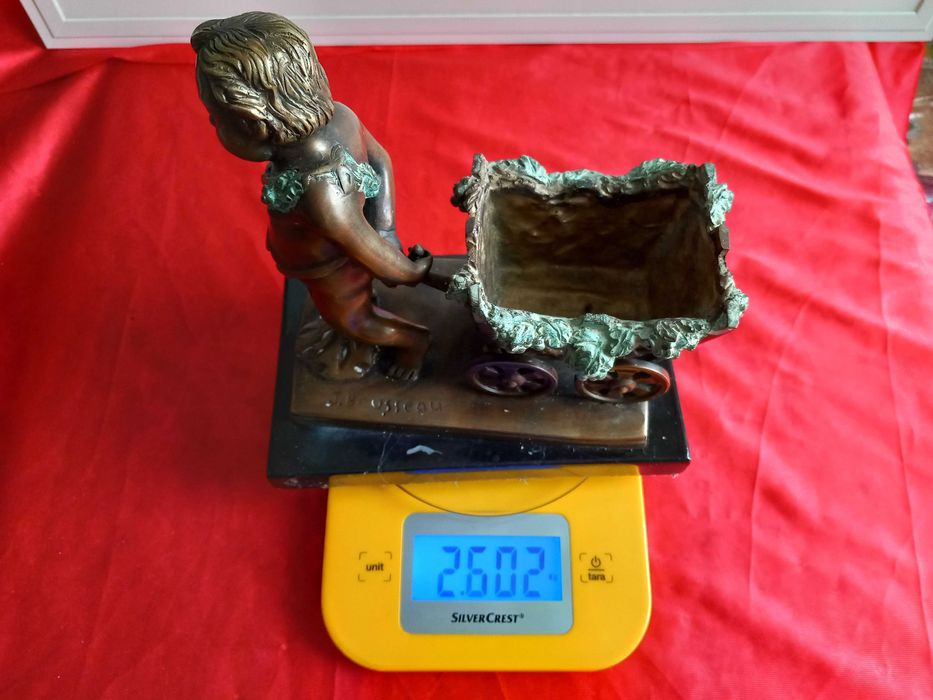 Jacques Bousseau Стара Бронзова Статуетка Херувим с Количка