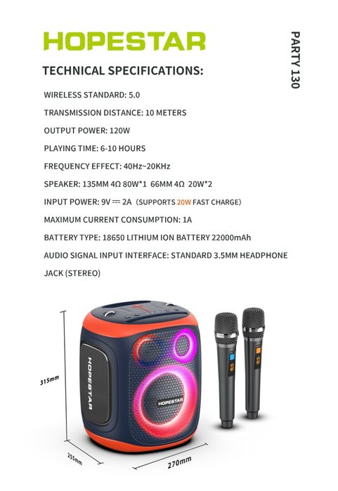 Boxă Portabilă Wireless Hopestar Party Pro + DOUĂ Microfoane CADOU