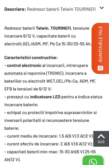 Redresor baterii Telwin TOURING11, tensiune incarcare 6/12 V