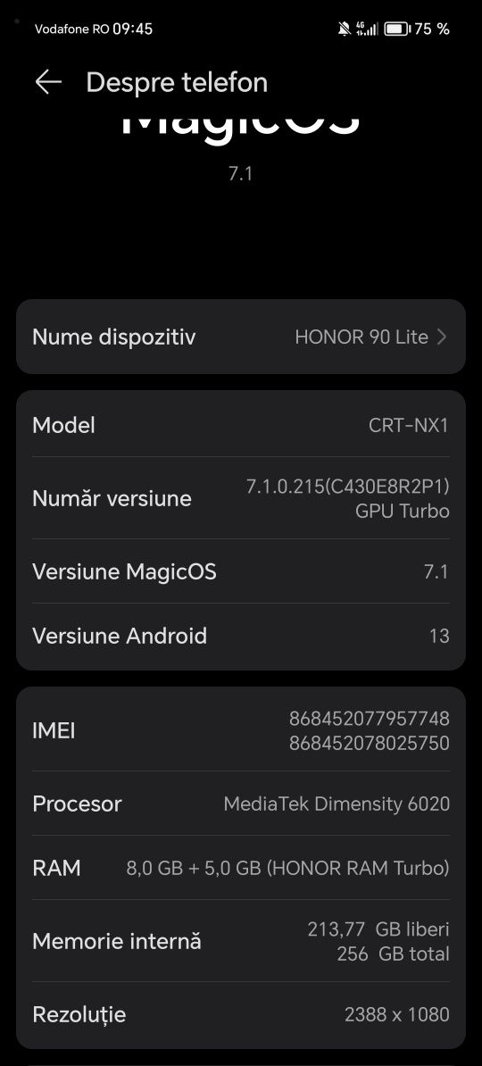 Schimb HONOR.
256 Memorie 
8 + 5 GB RAM TURBO .
Camera 100 MP.