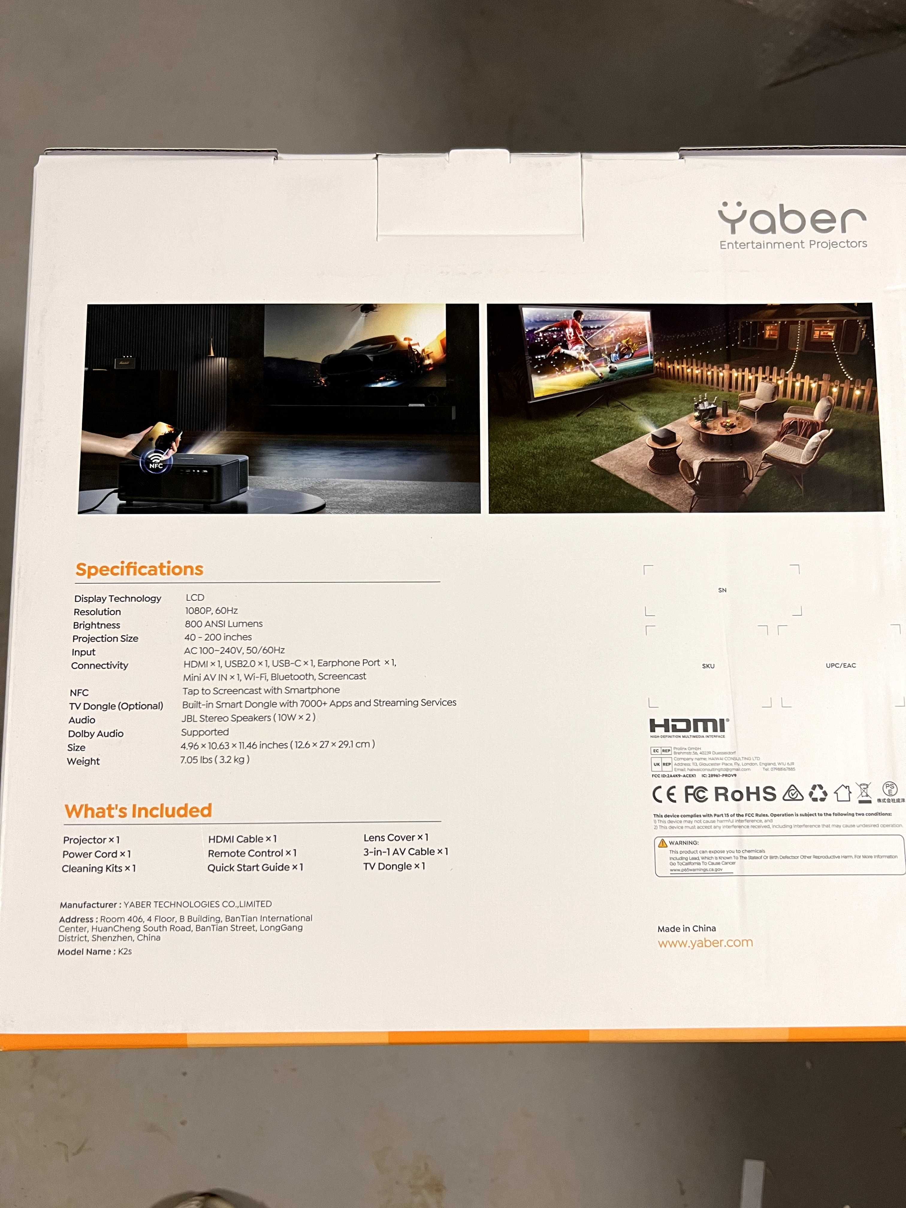 Proiector 4K Android TV Yaber K2S 800 Ansi 60Hz Wifi6 Jbl Surround Nou