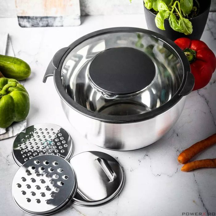 Bol inox, cu capac si razatoare, multifunctional, negru, capacitate