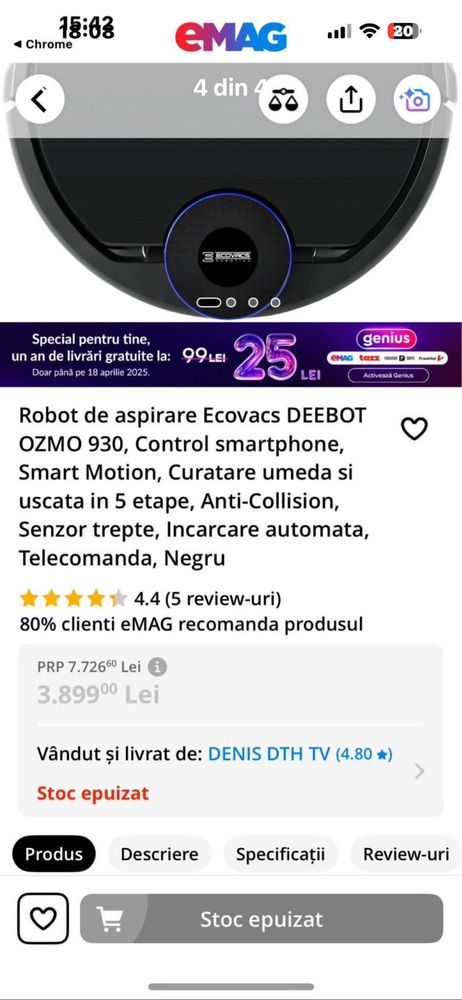 Deboot Ozmo Pro 930 in stare buna aspira si spala cu multi senzori