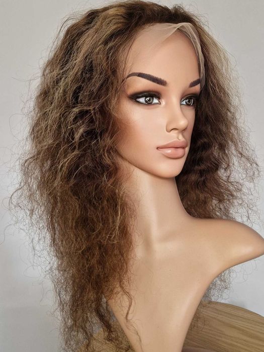 Естествена афро къдрава кафява перука с руси кичури с дантела 13х4