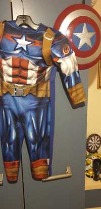 Оригинален детски цял костюм - Капитан Америка с мускули, маска и щит