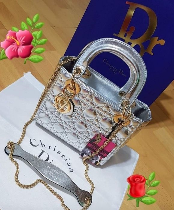 Geanta silver Medium/logo metalic auriu, saculet, etichetă