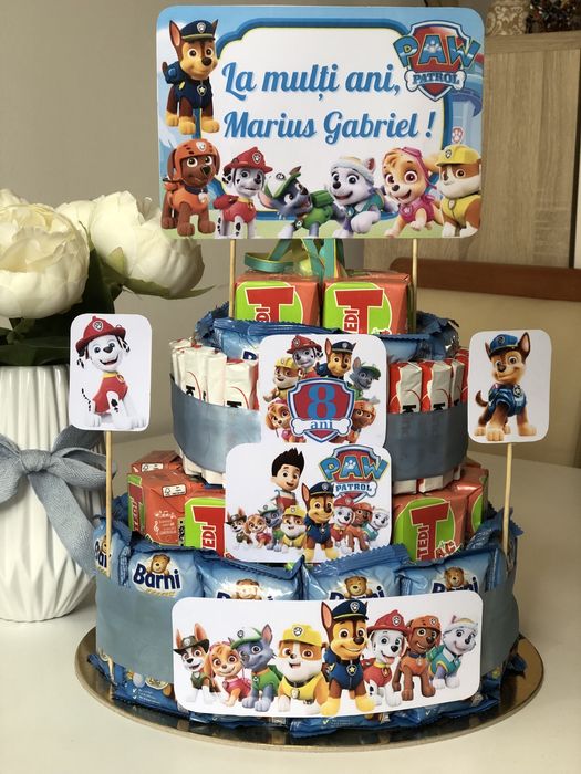 Tort din dulciuri ambalate, Unicorni, Mario, Bluey, Patrula