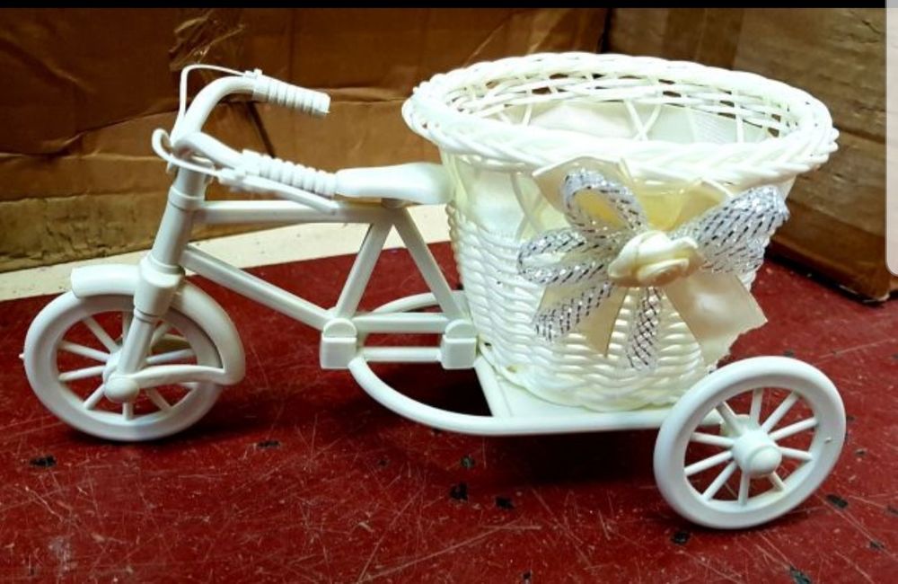 Bicicleta alba decorativa,nunta botez-cos pentru flori 22x11x10 cm