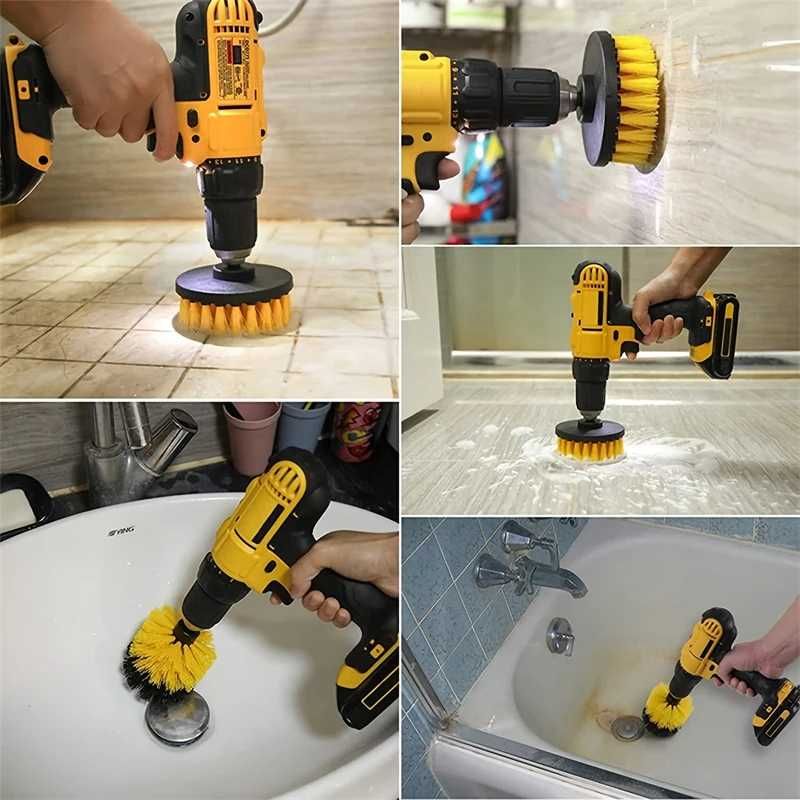 Set 3 perii pentru curatare cu adaptor pentru bormasina nylon galben
