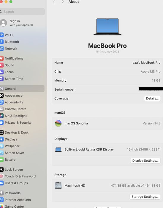 MacBook Pro 16-inch/ M3 Pro / 18 Gb RAM / 512 Gb / Space Black / Nou
