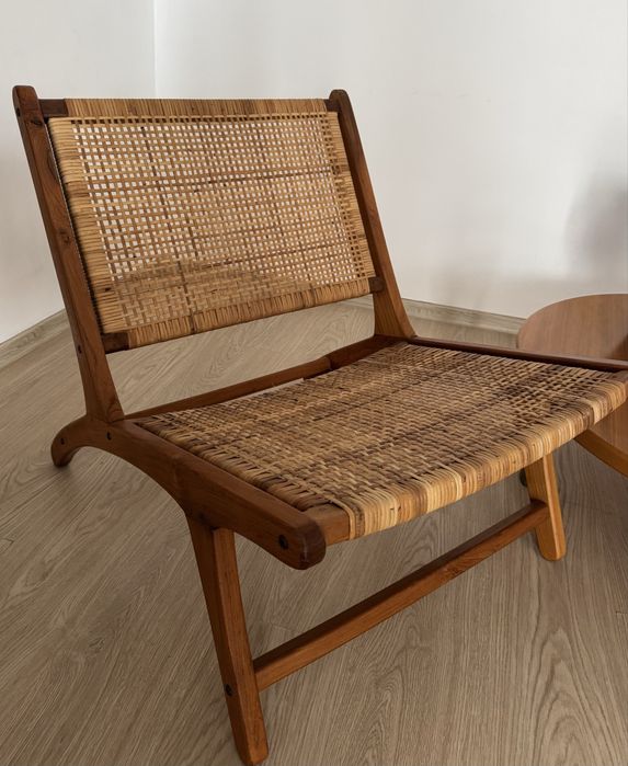 Scaun lounge din lemn masiv și ratan – stil boho / scandinav-2bucati