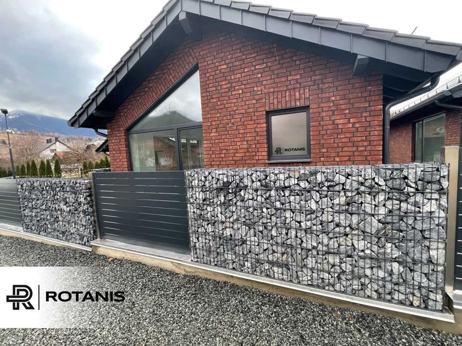 Gard tip gabion din piatra si panouri dublu fir