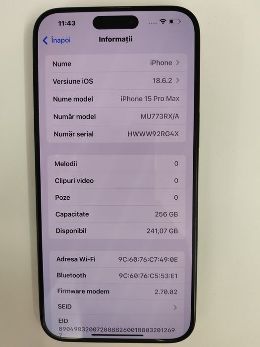 iPhone 15 Pro Max black titanium 256 GB baterie 88% cod 1061