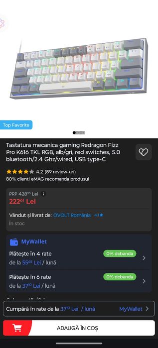 Tastatura mecanica gaming Redragon Fizz Pro K616 TKL RGB, alb/gri