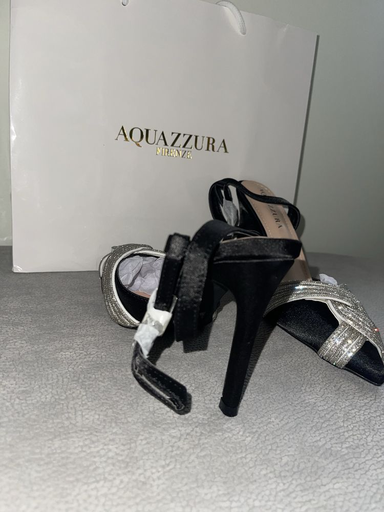 Черни aquazzura сатенени обувки на ток официални лъскави сребърни