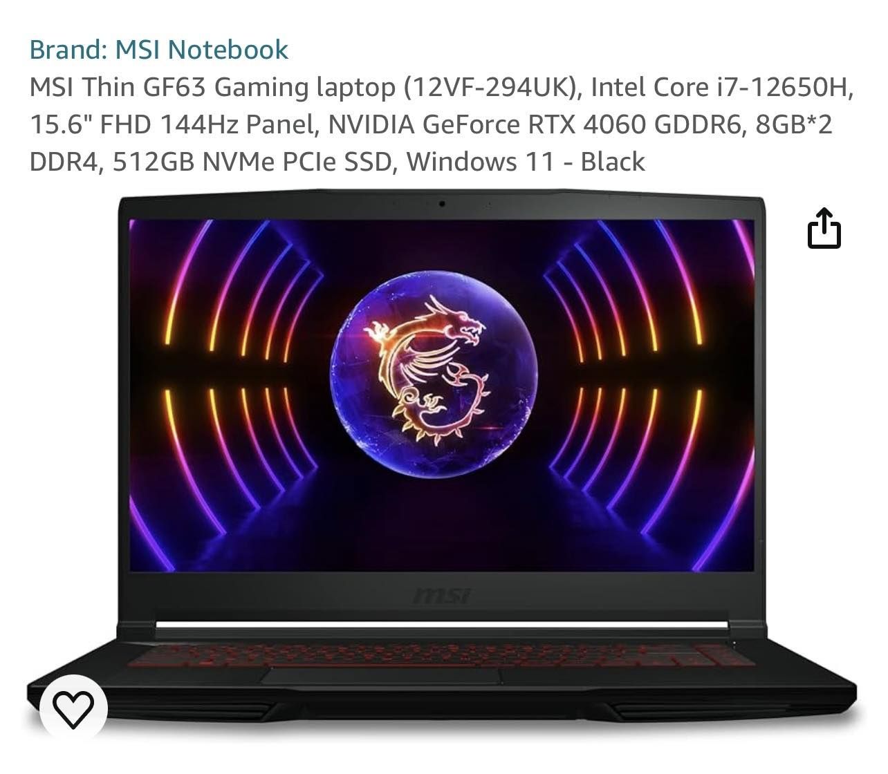 Laptop MSI intel i7 12650h , rtx4060, 8gb ram ddr4, 144hz , 512gb NVMe
