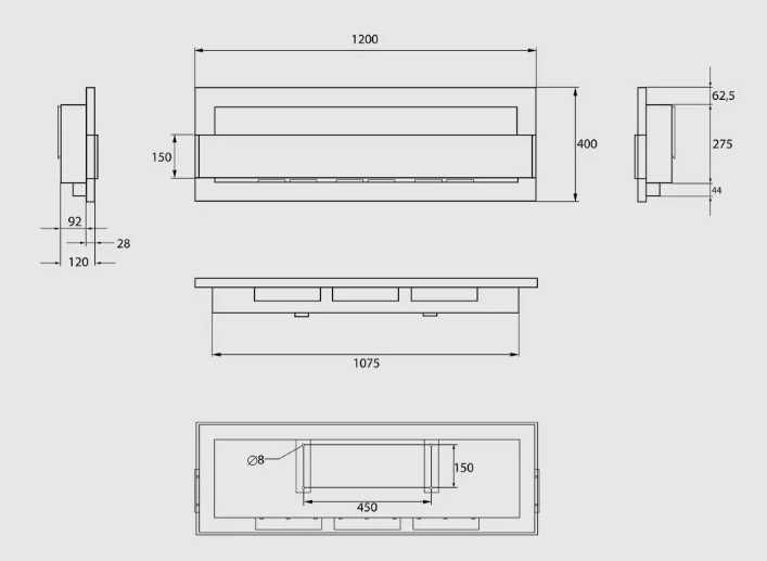 Semineu cu bioetanol cu sticla, 120 X 40 x 12 cm, negru structural mat