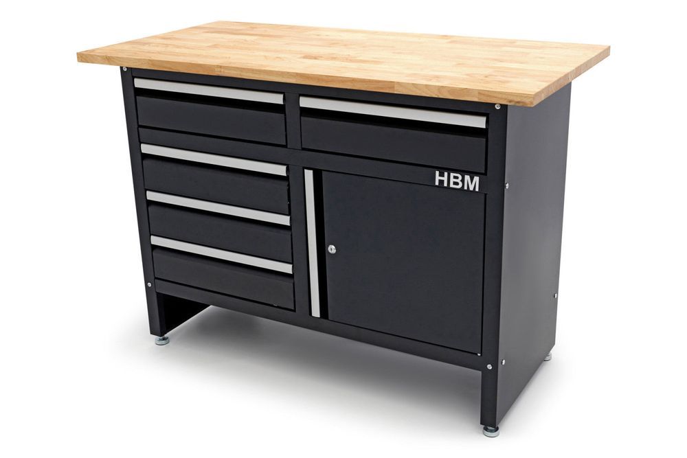 Banc de lucru metalic 120 cm cu 5 sertare 1 usa si blat din lemn masiv