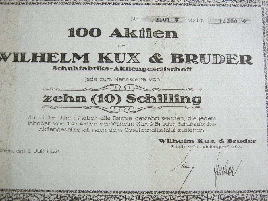 Actiune,bilete,coala 100 active,WILHELM&KUX,fabrica pantofi,Wiena,1928