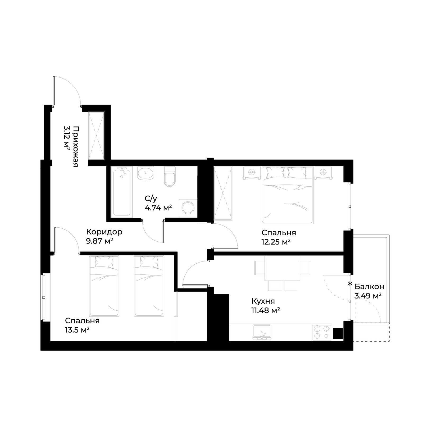 2-xonali xonadonlar | 2-комнатные квартиры ЖК O'z Zamin - Golden House