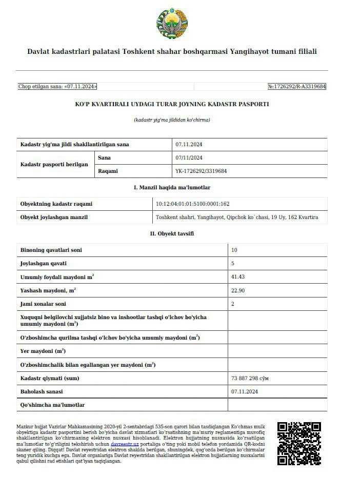 Kvartira sotiladi 2 xonali 44 m2 2024-yilda qurilgan.