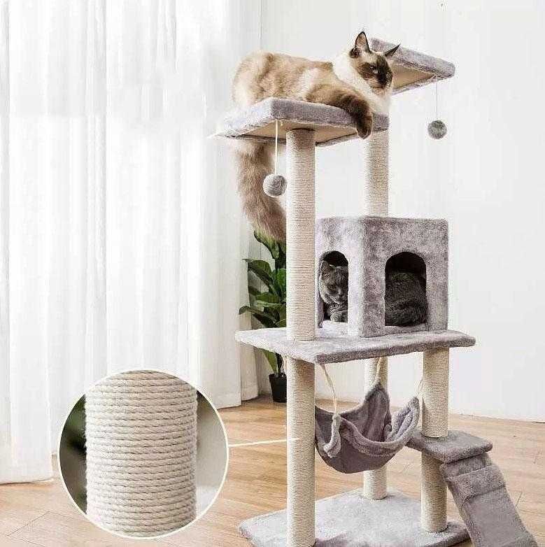 Котешко дърво с хралупа, хамак и сизалени стълбове – 125 см