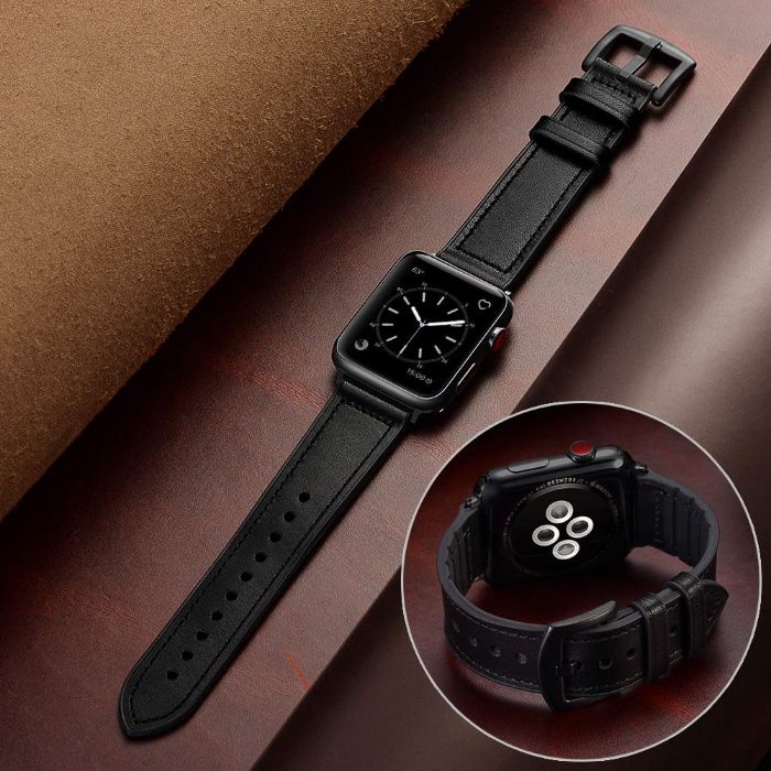 Curea de piele ceas Apple Watch 6 5 4 3 2 1 42 / 44mm - negru