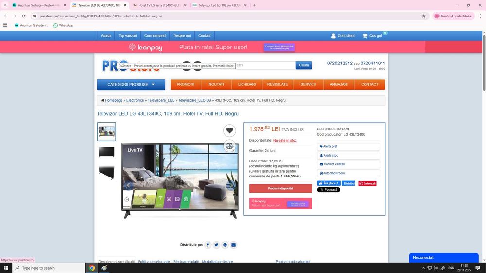 TV LED LG FullHD 108 cm  + suport perete / garantie