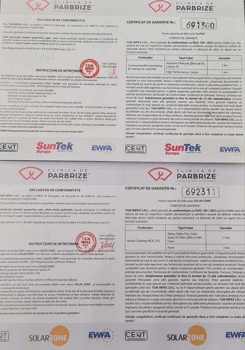 Folii auto omologate marca SolarZone / Suntek- 7 ani garanție / Uv 99%