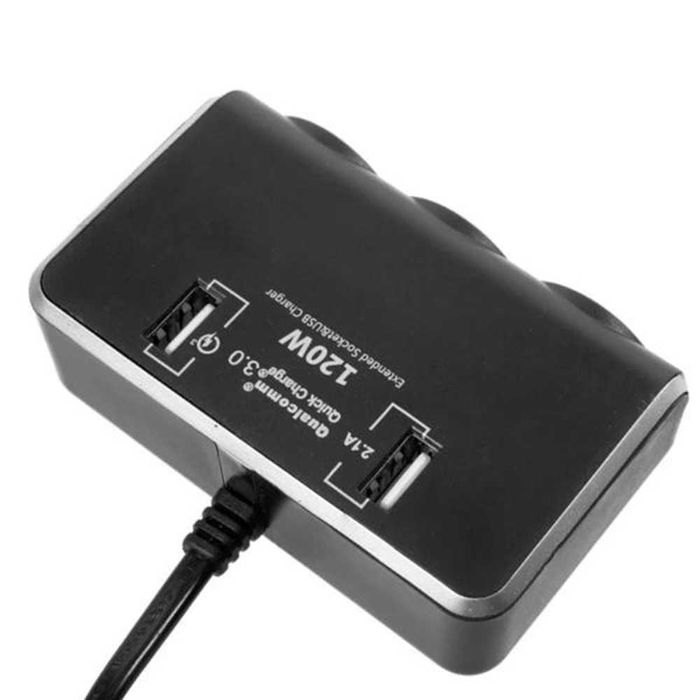 Разклонител за запалка с Волтметър 3 гнезда, 2 USB 12/24V, 120W.