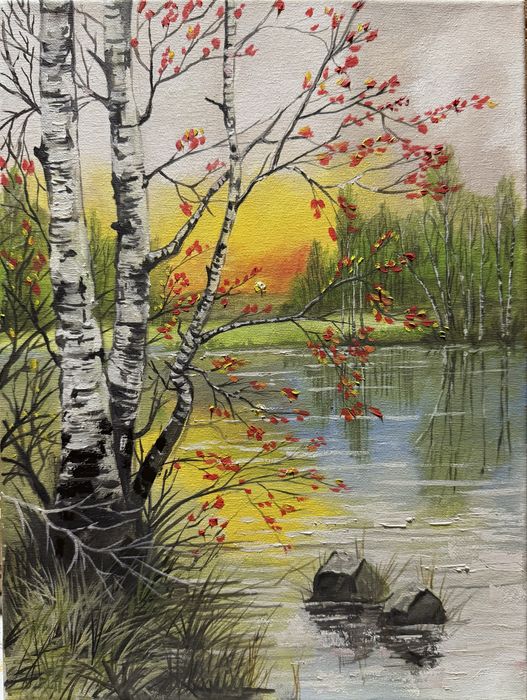 Картина  масло Брези край езерото