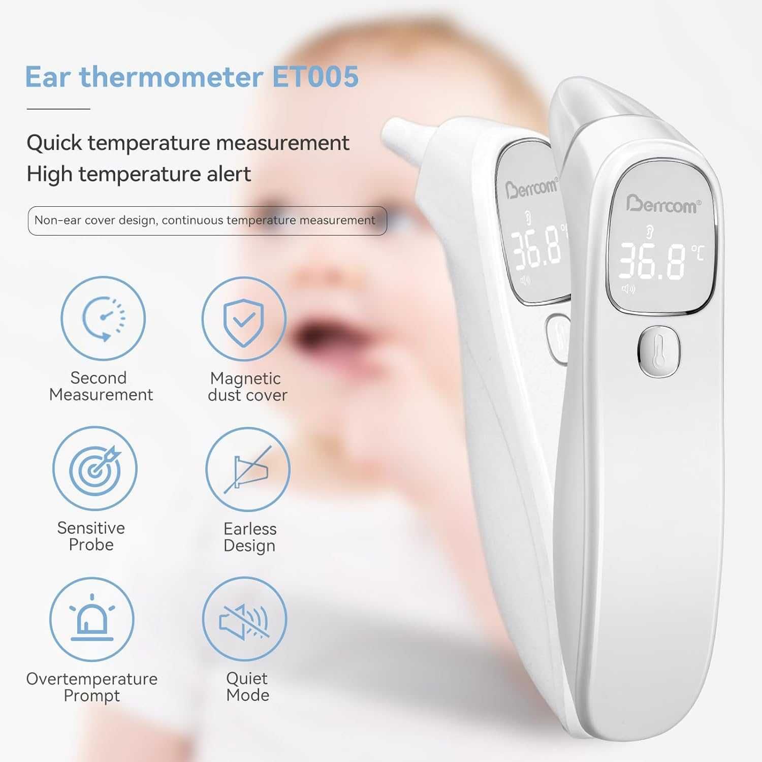 Berrcom термометър за чело и уши, инфрачервен,Безконтактен,LED дисплей