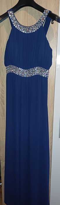 Официална синя рокля с камъни и пайети