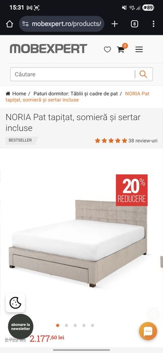 Pat tapițat cu sertar Mobesxpert 200x160. Fara saltea.