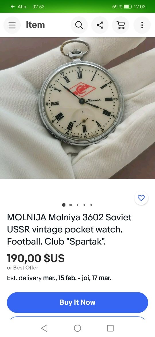 Ceas MOLNIJA Molniya de buzunar 3602 Soviet USSR
