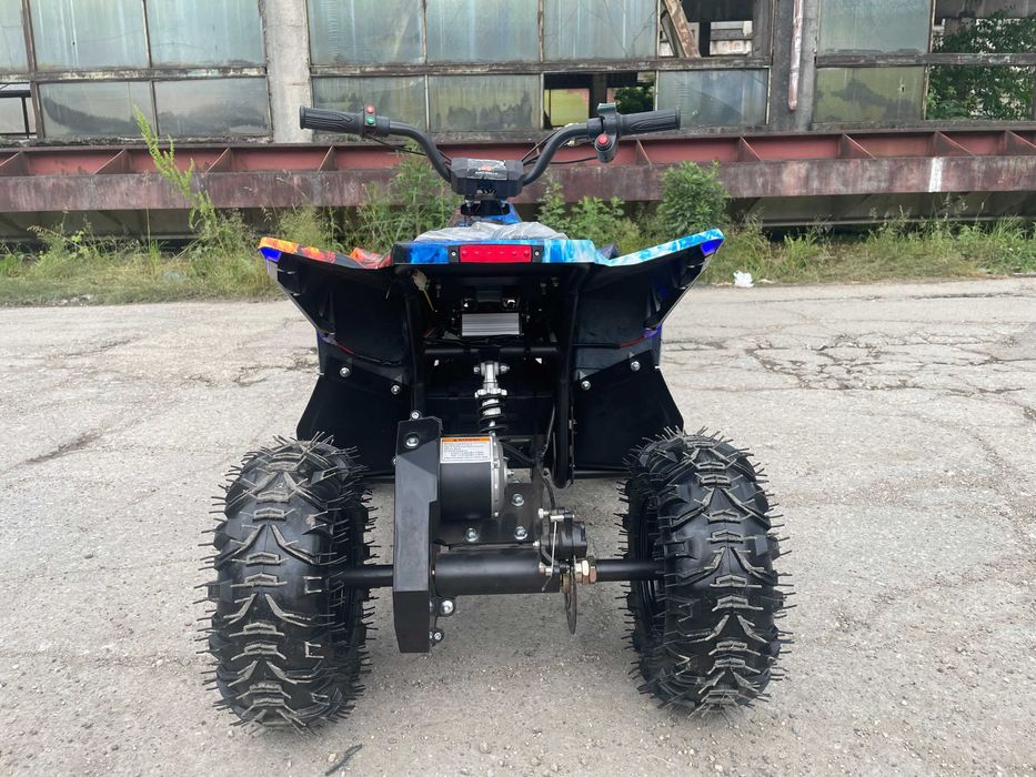 Mini ATV model Tesla copii flacari albastru portocaliu roti cauciuc 6"