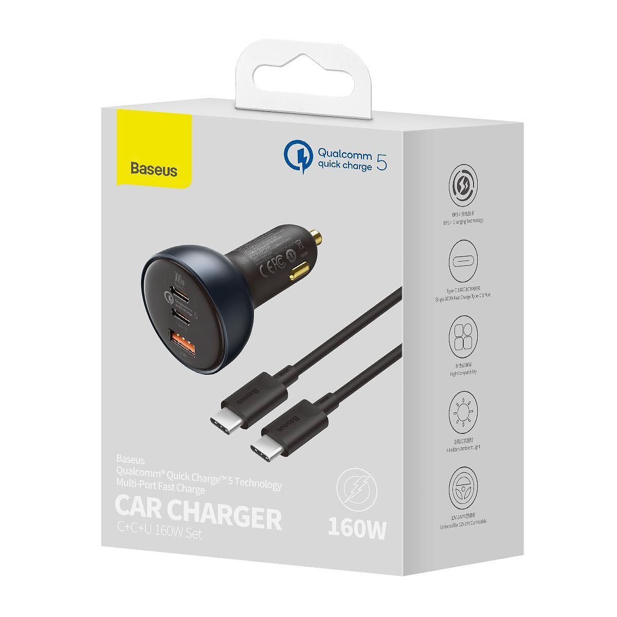 Зарядно за автомобил baseus usb + 2xtype c - qc5 pd 160w