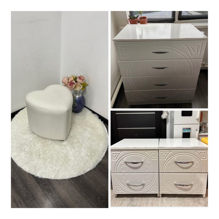 Комплект мебели -3: белый пуфик-сердце + комод + тумбочки — выгодно!