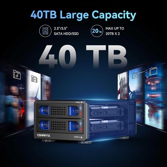 CENMATE 2 Bay RAID кутия с вентилатор за 2.5/3.5" SATA HDD/SSD, 40 ТВ
