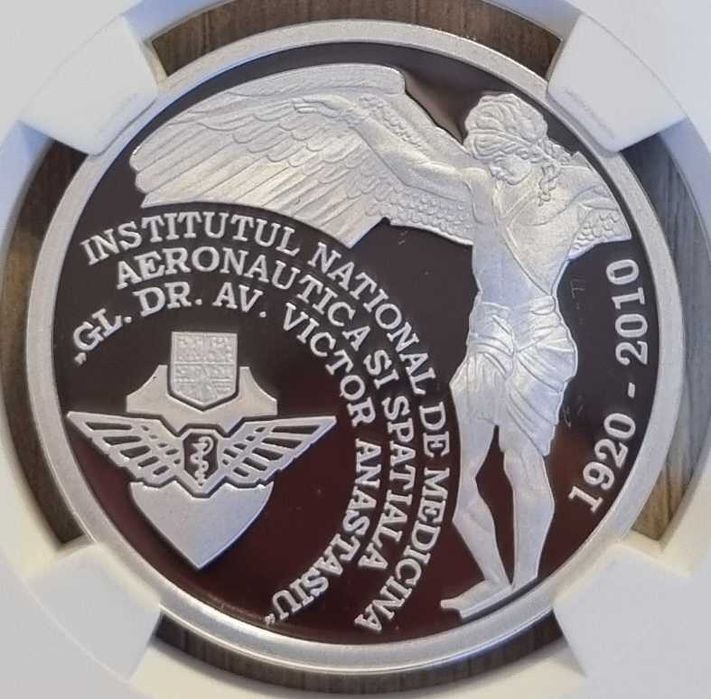 Moneda BNR 10 lei argint Med Aeronautica Spatiala gradata NGC PF 69