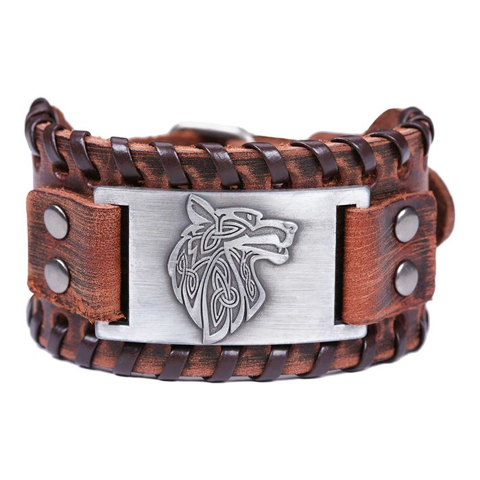 Bratara de piele pentru barbati  cu gravura in metal - cap de lup
