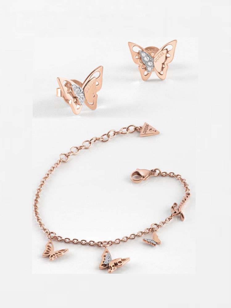 Set Guess Bratara Cercei Rose Gold Fluturi Fly Away Aurii Roz Bronz