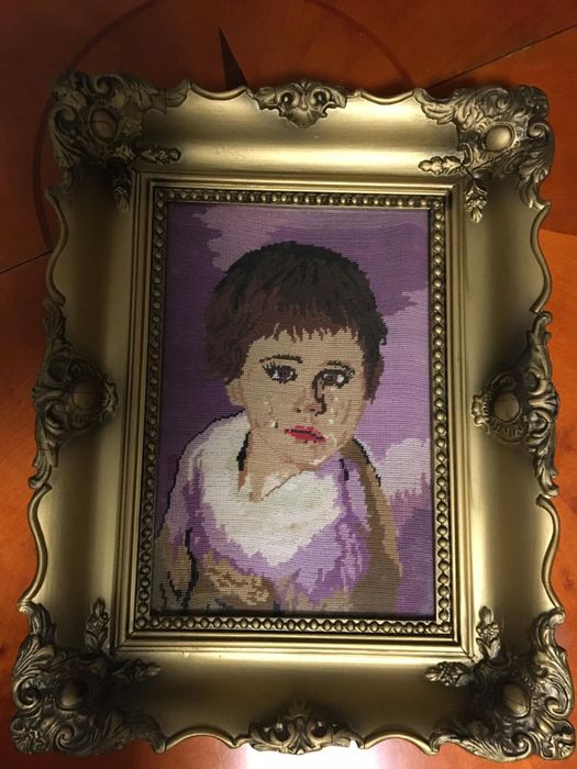 Goblen lucrat manual cu rama vintage inclusa model Baiat