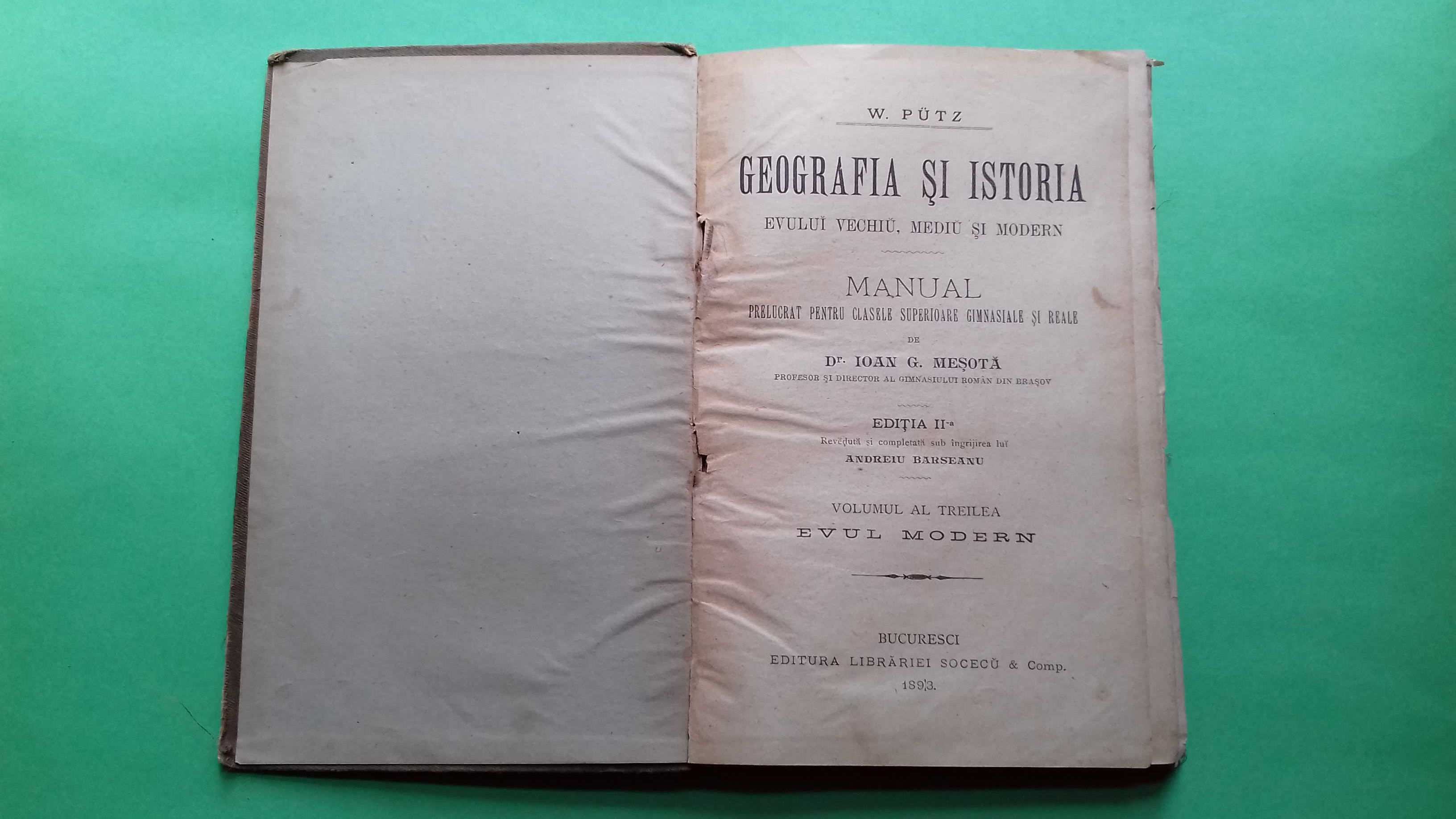 Manual Geografie 1893, Istorie , Algebra , Gramatica , Geometrie 1929,